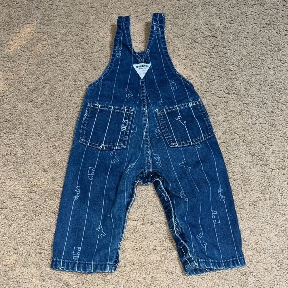 Vintage Oshkosh B'Gosh‎ Vestbak Denim Overalls Car Plane Truck Blue 12M